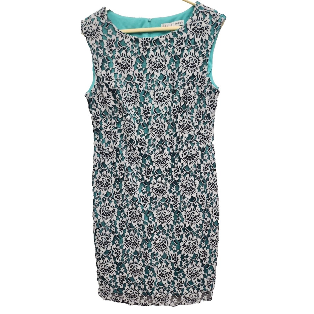 Madison Leigh Sheath Dress Womens Sizeโ 12 White Mint Green Lace Floral Office